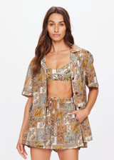THE UPSIDE women's neutral paisley print Vadella Andie Shirt is made from organic cotton. The button up shirt is lightweight with an oversized fit. Designed for recovery and relaxation.