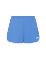 THE UPSIDE women's blue 70s style Wrangler Callie Run Short is made from recycled mesh fabric and features an internal short, elastic waist and side pockets.