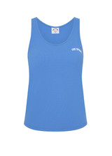 THE UPSIDE women's bright blue Wrangler Issy Racerback Tank Top is made from recycled mesh fabrication and features a curved hem.