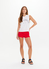 THE UPSIDE women's white Dawson Logo Tank is made from organic cotton. The relaxed muscle tank features an embroidered horseshoe logo. Designed for travel and leisure. THE UPSIDE women's white Dawson Logo Tank is made from organic cotton. The relaxed muscle tank features an embroidered horseshoe logo. Designed for travel and leisure.