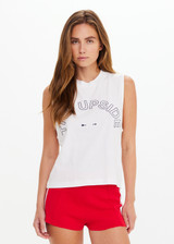 THE UPSIDE women's white Dawson Logo Tank is made from organic cotton. The relaxed muscle tank features an embroidered horseshoe logo. Designed for travel and leisure. THE UPSIDE women's white Dawson Logo Tank is made from organic cotton. The relaxed muscle tank features an embroidered horseshoe logo. Designed for travel and leisure.