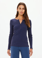 THE UPSIDE women's navy organic cotton Ness Ribbed Long Sleeve Top is designed for a slim fit. The perfect piece for layering and styling up or down.