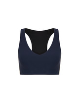THE UPSIDE women's navy recycled peached Daytona Jetta Racerback Sports Bra is designed for a supportive fit and features removable cups. Made for yoga & pilates.