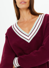 THE UPSIDE women's merlot organic cotton Josette V Neck Knit Sweater is a regular fit and features striped neckline in mint and white. Made for lifestyle.