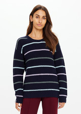 THE UPSIDE women's stripe organic cotton Sebastian Crew Knit Sweater is designed for a relaxed fit and features a knitted rib neckline and cuffs. Made for lifestyle.