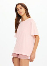 THE UPSIDE women's cotton linen Spellbound Jodhi Tee is a classic tee shape in washed quartz pink with upside logo printed on chest. Made for lifestyle.