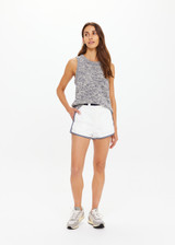 THE UPSIDE women's blue marle organic cotton linen Armada Koby Knitted Tank Top is true-to-size and features a high neckline with a subtle racer back detail. Made for lifestyle.