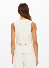 THE UPSIDE women's cream pinstripe Orion Jackie V Neck Waistcoat is a true-to-size fit and features an adjustable waist belt and welt pockets. The perfect wardrobe essential.