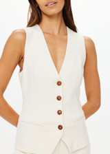 THE UPSIDE women's cream pinstripe Orion Jackie V Neck Waistcoat is a true-to-size fit and features an adjustable waist belt and welt pockets. The perfect wardrobe essential.