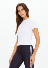 THE UPSIDE women's white Shelter Fitted Tee is made from soft modal rib fabrication and features a embroidered arrow logo at back of neck. Made for everyday wear.