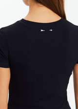 THE UPSIDE women's black Shelter Fitted Tee is made from soft modal rib fabrication and features a embroidered arrow logo at back of neck. Made for everyday wear.