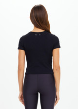 THE UPSIDE women's black Shelter Fitted Tee is made from soft modal rib fabrication and features a embroidered arrow logo at back of neck. Made for everyday wear.