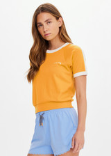THE UPSIDE women’s yellow organic cotton Daisy Salome Tee has a regular fit with a soft ribbed neckline and cream contrast panels on the shoulders. Made for lifestyle. THE UPSIDE women’s yellow organic cotton Daisy Salome Tee has a regular fit with a soft ribbed neckline and cream contrast panels on the shoulders. Made for lifestyle.