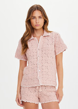 THE UPSIDE women's pink organic cotton Anoki Lovett Crochet Shirt has a relaxed fit with cream scalloped edges and pink pearlised shell buttons. Perfect for travel or everyday.