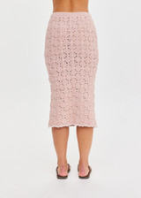 THE UPSIDE women's pink organic cotton Anoki Irena Crochet Midi Skirt features an elasticated waist with tassel braided drawcord and cream scalloped edge detailing. Perfect for travel or everyday.