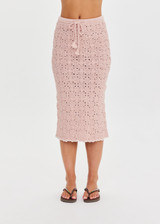 THE UPSIDE women's pink organic cotton Anoki Irena Crochet Midi Skirt features an elasticated waist with tassel braided drawcord and cream scalloped edge detailing. Perfect for travel or everyday.
