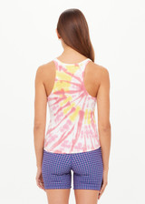THE UPSIDE women's tie-dye organic cotton Asher Racerback Tank Top features hand tie-dyed tropical shades of pink, red, and yellow on a white base. Made for lifestyle.