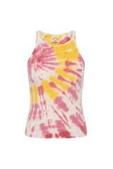 THE UPSIDE women's tie-dye organic cotton Asher Racerback Tank Top features hand tie-dyed tropical shades of pink, red, and yellow on a white base. Made for lifestyle.