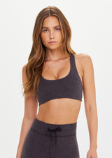 THE UPSIDE women's grey recycled Moondance Racerback Vala Bra has removable cups, elastic underbust, double-peached fabric. Made for yoga and pilates.