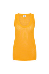 THE UPSIDE women’s organic cotton yellow Fenway Wales Knit Tank has a relaxed fit with ribbed neckline and armholes in an open knit. Made for everyday wear.