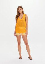 THE UPSIDE women’s organic cotton yellow Fenway Wales Knit Tank has a relaxed fit with ribbed neckline and armholes in an open knit. Made for everyday wear.