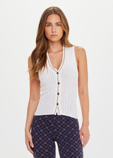 THE UPSIDE women's creme Rosella V Neck Vest has a slim fit with tortoiseshell button closure and beige striped ribbing along the neckline and front. Made for lifestyle.