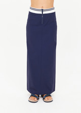 THE UPSIDE women’s navy Astra Zora Midi Skirt features a white and navy striped ribbed waistband with a centre back split. Made for lifestyle.