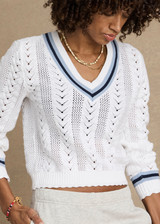 THE UPSIDE women’s white Citta Sonny V Neck Sweater is a fitted, chevron-knit design in organic cotton. The perfect wardrobe addition. THE UPSIDE women’s white Citta Sonny V Neck Sweater is a fitted, chevron-knit design in organic cotton. The perfect wardrobe addition.