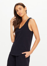 THE UPSIDE women's black recycled cotton Soho Jacquie Tank Top is designed for a relaxed fit and features a ribbed neckline and armhole. Made for everyday leisure.