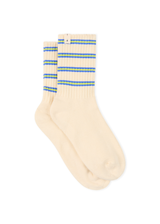 THE UPSIDE women's cream Isadora Crew Sock features jacquard stripes in lime and blue. Made for everyday.