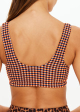 THE UPSIDE women's orange & navy check Solaris Harley Scoop Bra is supportive & comfortable and features a scoop front and back neckline with removable cups. Made for yoga & pilates.