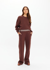 THE UPSIDE women's brown organic cotton Toluca Willow Wide Leg Pant is high-waisted and features a cream striped ribbed waistband and side seam pockets. Made for everyday.