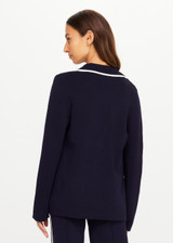 THE UPSIDE women's navy Monte Carlo Alix Knit Blazer fits true-to-size and features contrast white edge along collar and placket and patch pockets at front. Made for lifestyle.