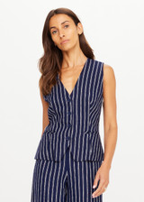 THE UPSIDE women's navy & white stripe Belize Jackie V Neck Waistcoat is designed for a slim fit and features front welt pockets and an adjustable waist belt. Perfect wardrobe addition.