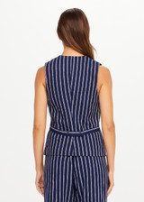 THE UPSIDE women's navy & white stripe Belize Jackie V Neck Waistcoat is designed for a slim fit and features front welt pockets and an adjustable waist belt. Perfect wardrobe addition.