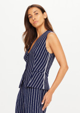 THE UPSIDE women's navy & white stripe Belize Jackie V Neck Waistcoat is designed for a slim fit and features front welt pockets and an adjustable waist belt. Perfect wardrobe addition.