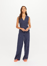 THE UPSIDE women's navy & white stripe Belize Jackie V Neck Waistcoat is designed for a slim fit and features front welt pockets and an adjustable waist belt. Perfect wardrobe addition.