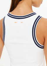 THE UPSIDE women's white performance Kirsty Rib Tank Top is designed to be fitted and features a striped navy and white rib neckband and armhole.