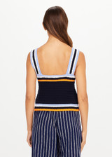 THE UPSIDE women's navy organic cotton Lucien Crochet Tank is designed to fit true-to-size and features wide straps and a V neckline.