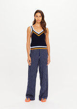 THE UPSIDE women's navy organic cotton Lucien Crochet Tank is designed to fit true-to-size and features wide straps and a V neckline.