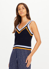 THE UPSIDE women's navy organic cotton Lucien Crochet Tank is designed to fit true-to-size and features wide straps and a V neckline.