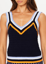 THE UPSIDE women's navy organic cotton Lucien Crochet Tank is designed to fit true-to-size and features wide straps and a V neckline.