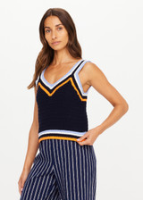 THE UPSIDE women's navy organic cotton Lucien Crochet Tank is designed to fit true-to-size and features wide straps and a V neckline.