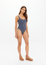 THE UPSIDE women's navy jacquard Secretos Scoop One Piece features a scoop front neckline and extra low back in a textured floral and metallic fabrication. Made for swim.