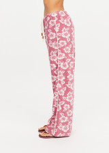 THE UPSIDE women's pink floral organic cotton Lahaina Charli Drawstring Pant has a low-rise straight leg fit with a soft elasticated waistband with drawcord. Perfect for everyday or holiday.