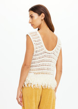 THE UPSIDE women's natural organic cotton Kamali Knit Fringe Top has a loose, boxy fit with scooped low back and knitted fringe detailing at hem. Made for lifestyle.