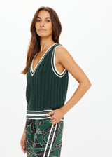 THE UPSIDE women's green Santa Fe Julia V Neck Vest is relaxed fit with chunky cable knit, deep V-neckline, and cream-green striped ribbing. Made for lifestyle.