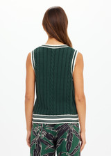 THE UPSIDE women's green Santa Fe Julia V Neck Vest is relaxed fit with chunky cable knit, deep V-neckline, and cream-green striped ribbing. Made for lifestyle.
