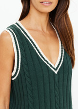 THE UPSIDE women's green Santa Fe Julia V Neck Vest is relaxed fit with chunky cable knit, deep V-neckline, and cream-green striped ribbing. Made for lifestyle.