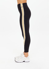THE UPSIDE women's black Arcadia 25inch Legging is supportive and comfortable with recycled rib fabric, contrast tan panel, and cream bind details. Made for yoga & pilates.